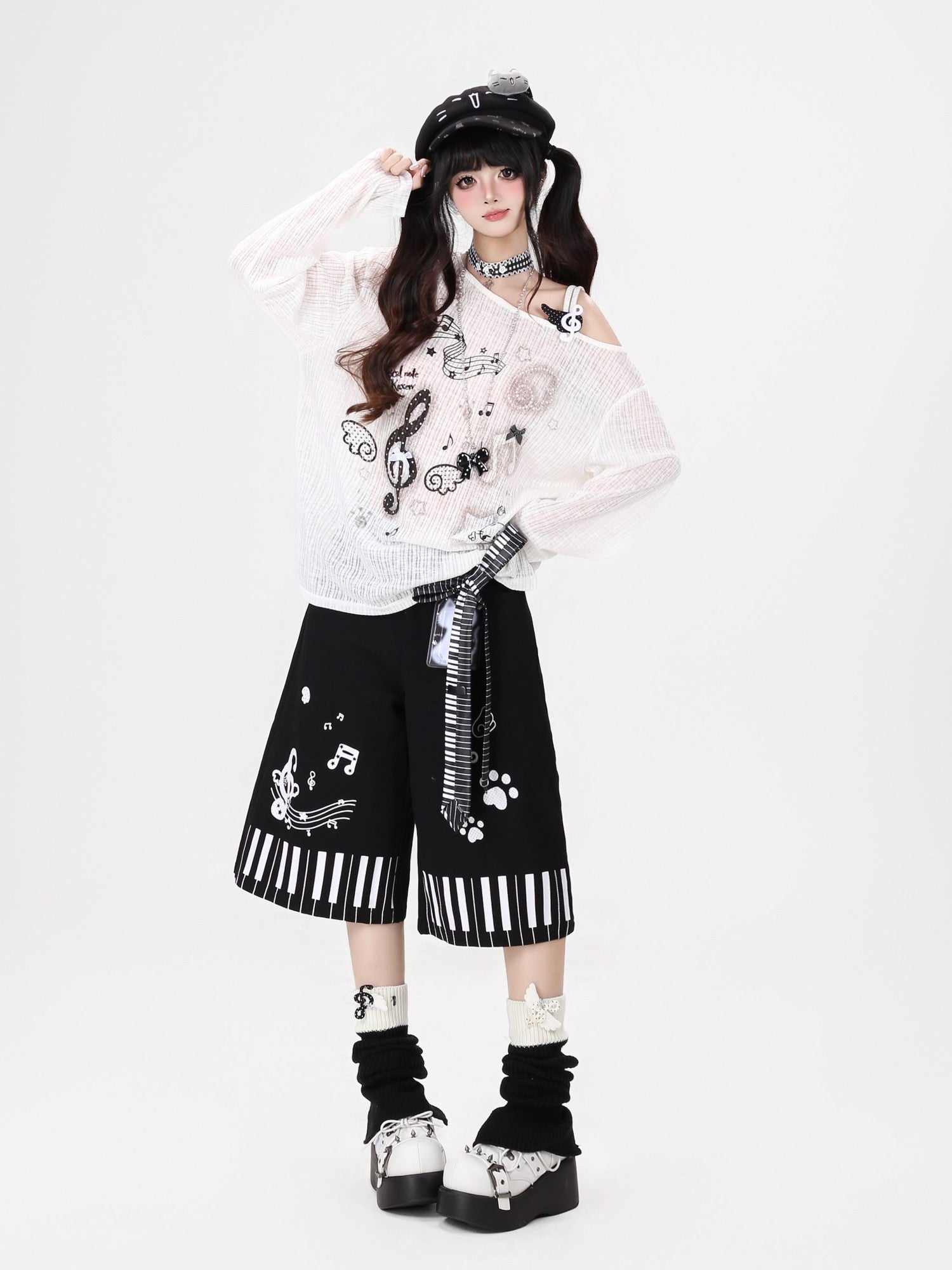 Crazy Girl Black White Piano Cat Print High Waist Wide Leg Loose Women&