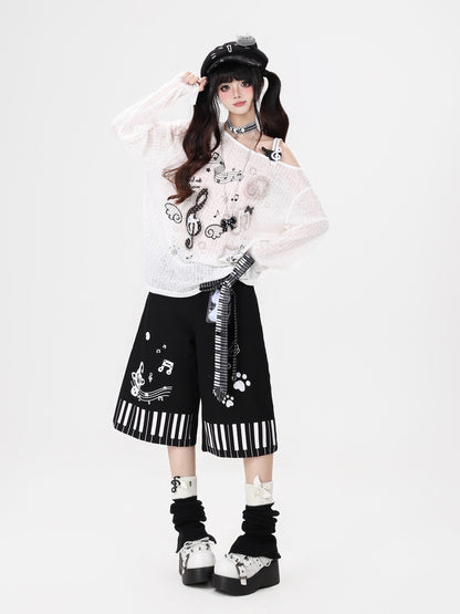 Crazy Girl Black White Piano Cat Print High Waist Wide Leg Loose Women&