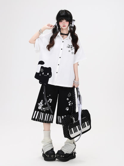 Crazy Girl Black White Piano Cat Print High Waist Wide Leg Loose Women&