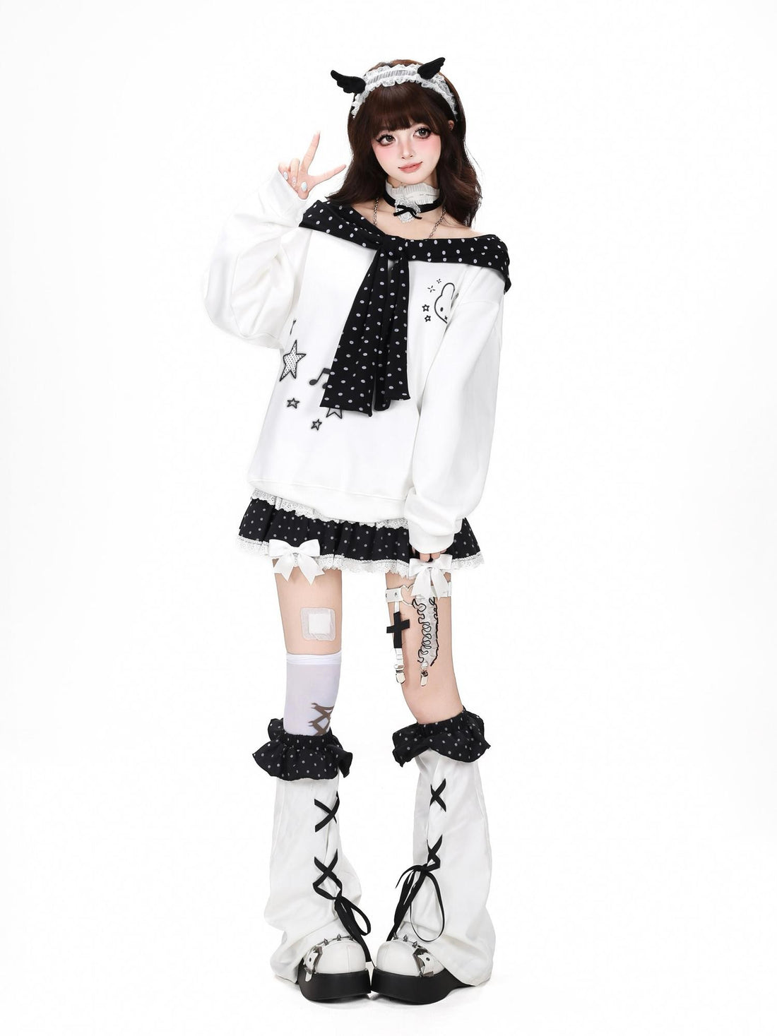 Crazy Girl Black White Polka Dot Cartoon Bow Shawl Loose Women&