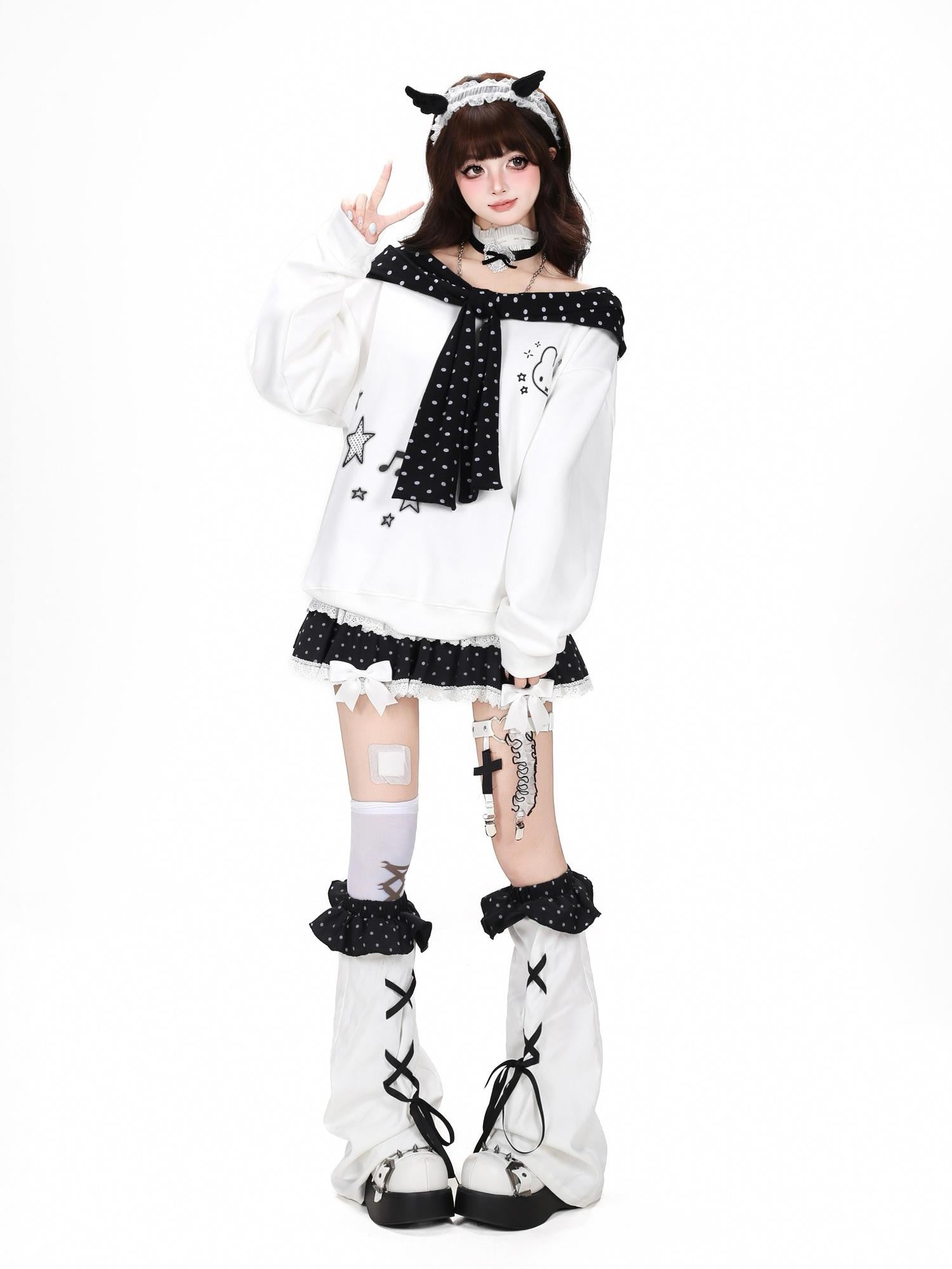 Crazy Girl Black White Polka Dot Cartoon Bow Shawl Loose Women&
