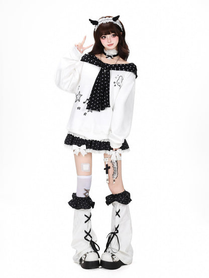 Crazy Girl Black White Polka Dot Cartoon Bow Shawl Loose Women&
