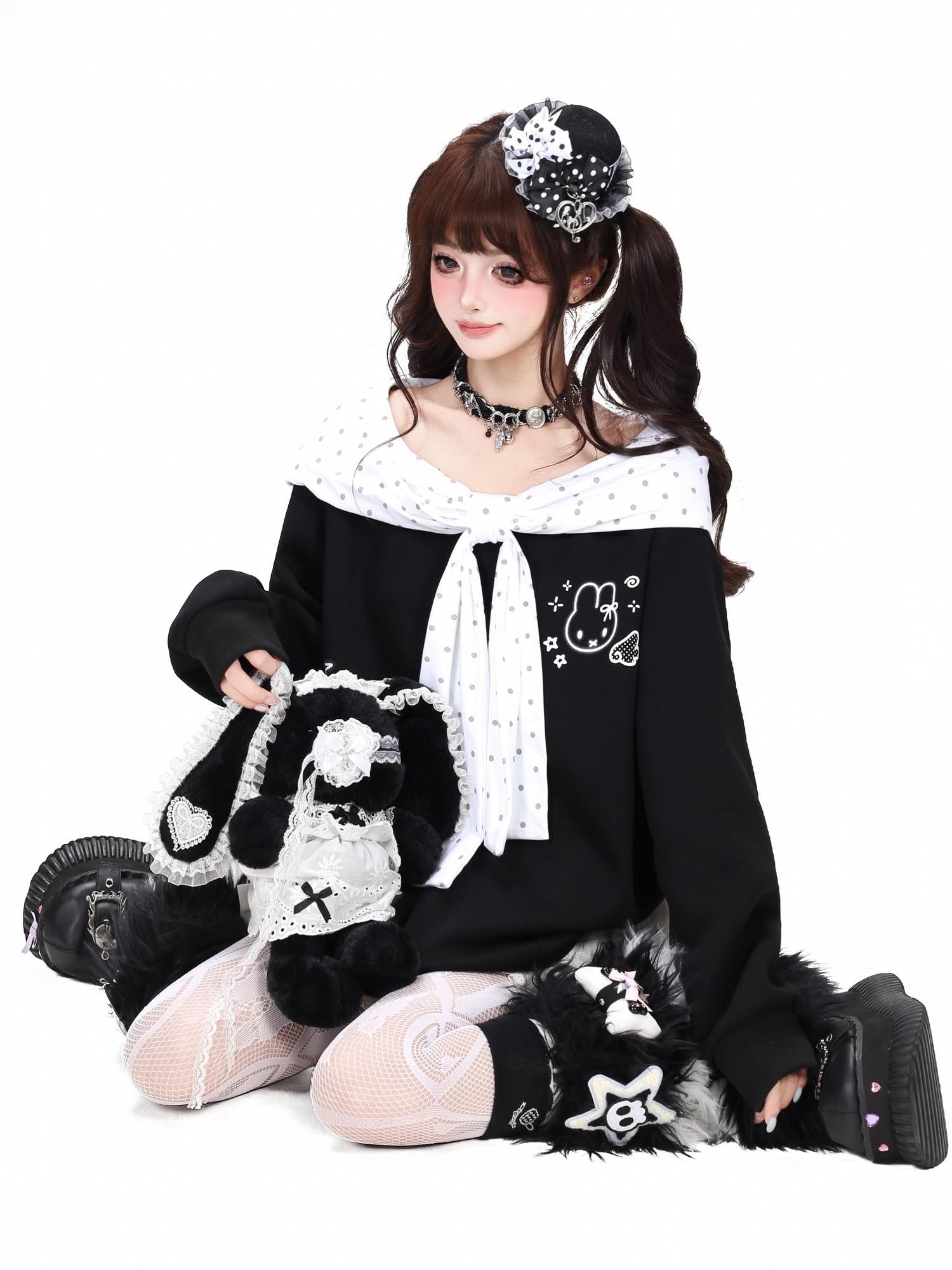 Crazy Girl Black White Polka Dot Cartoon Bow Shawl Loose Women&