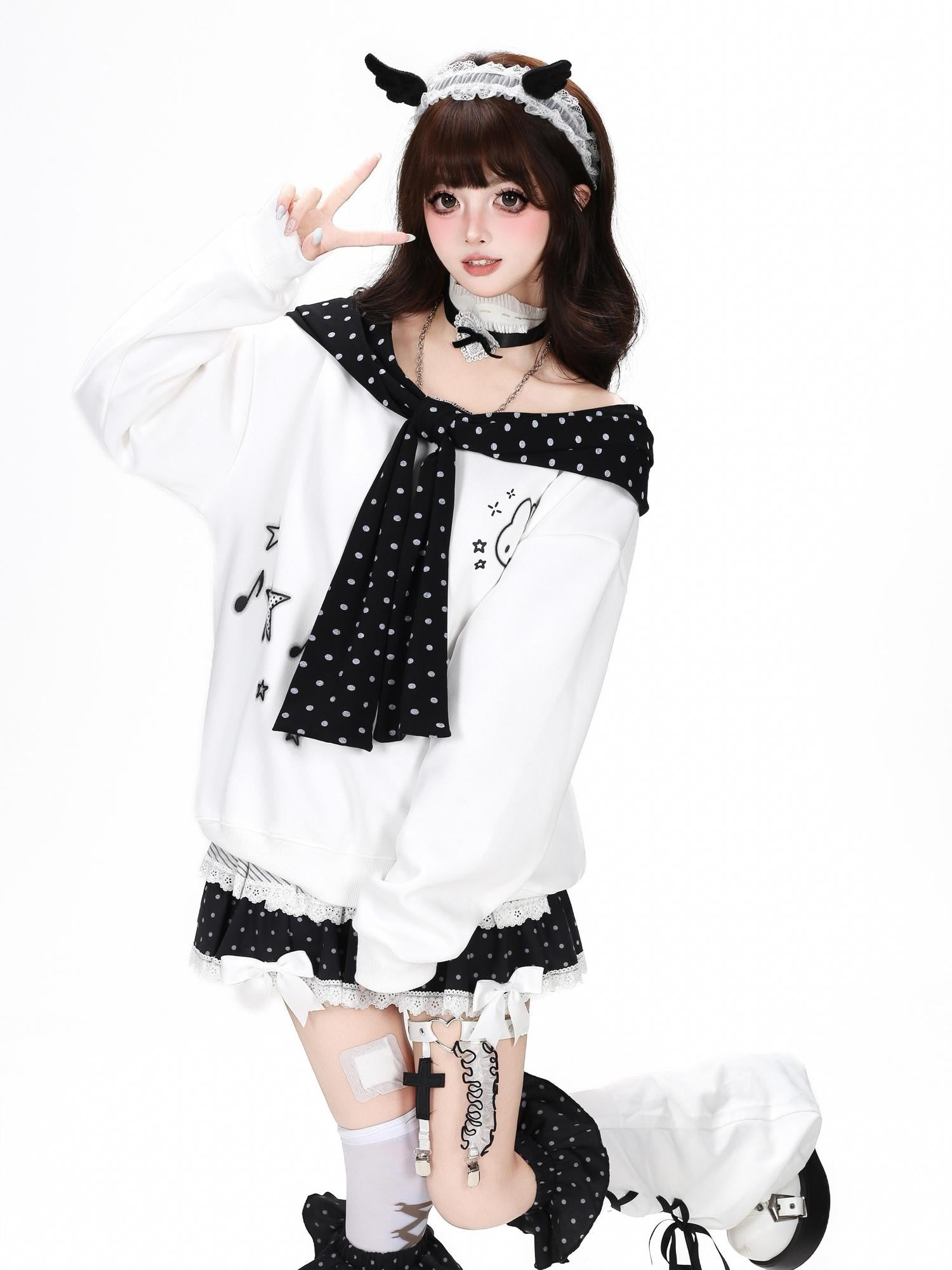Crazy Girl Black White Polka Dot Cartoon Bow Shawl Loose Women&