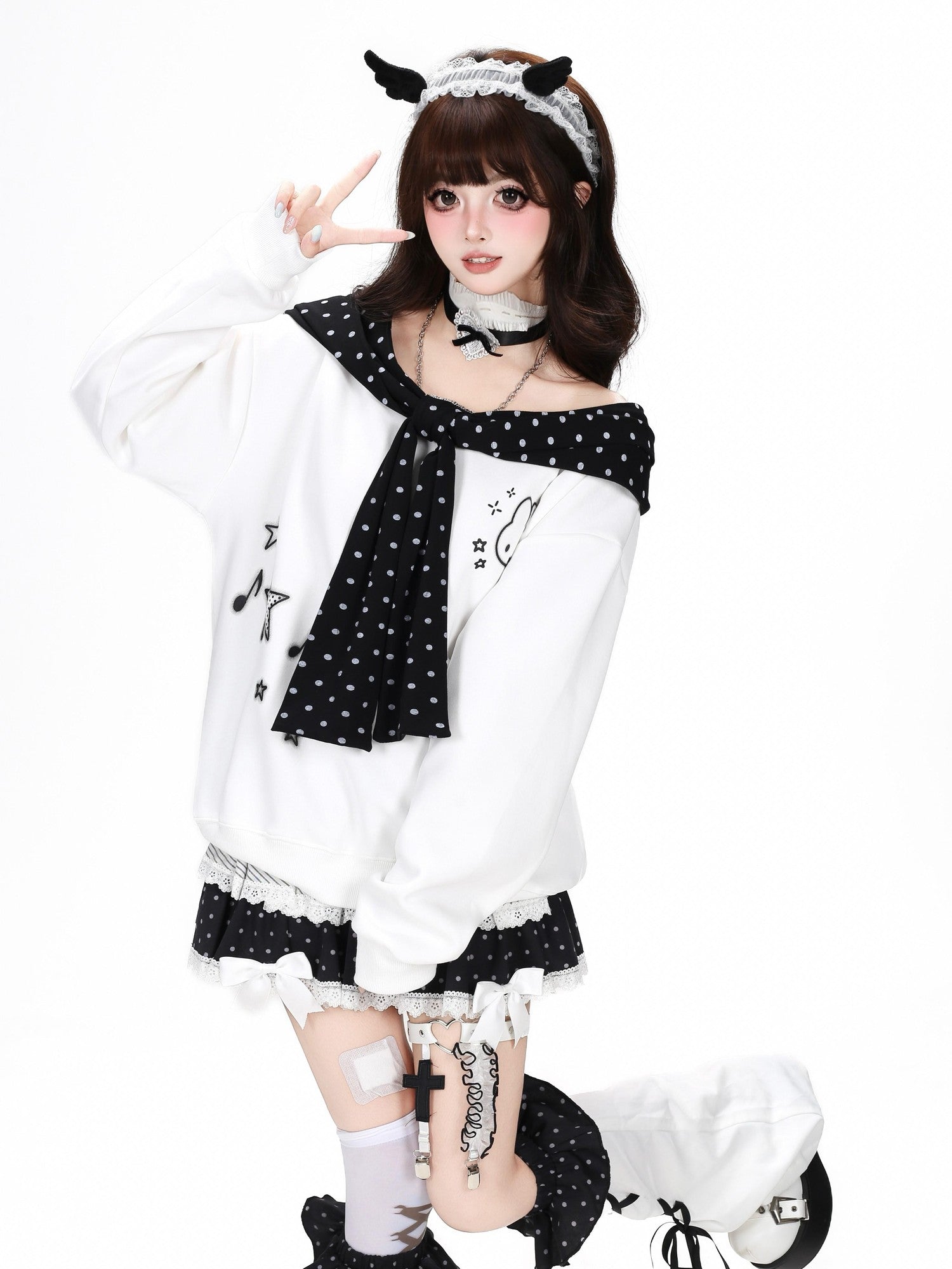 Crazy Girl Black White Polka Dot Cartoon Bow Shawl Loose Women&