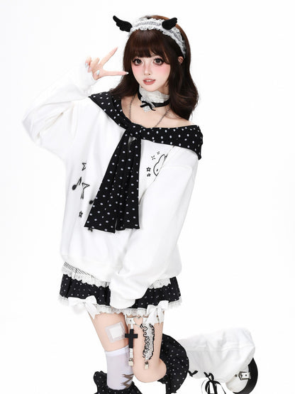 Crazy Girl Black White Polka Dot Cartoon Bow Shawl Loose Women&