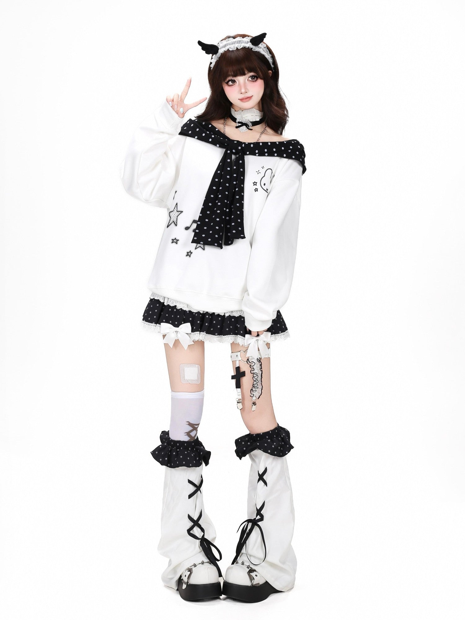 Crazy Girl Black White Polka Dot Cartoon Bow Shawl Loose Women&
