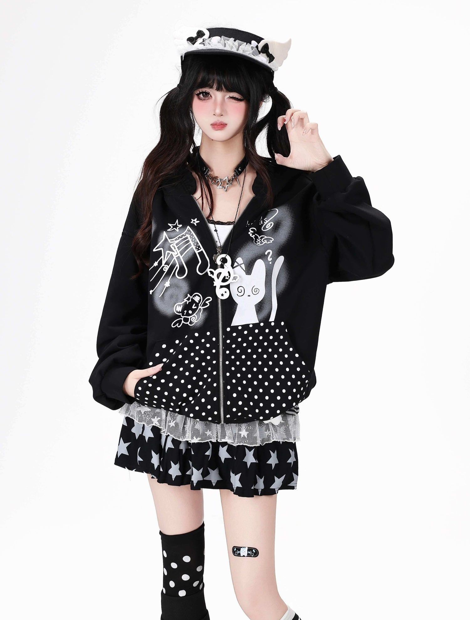 Crazy_Girl_Black_White_Polka_Dot_Cat_Ruffle_Trim_Pocket_Hooded_Women&
