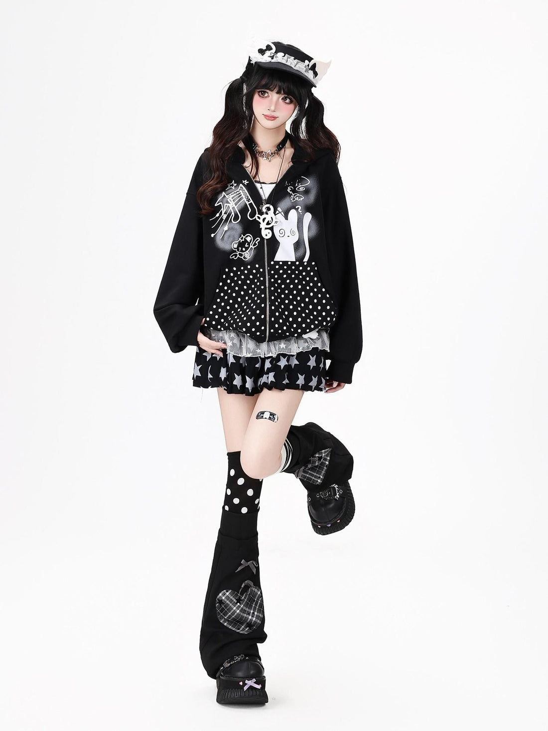 Crazy Girl Black White Polka Dot Cat Ruffle Trim Pocket Hooded Women&