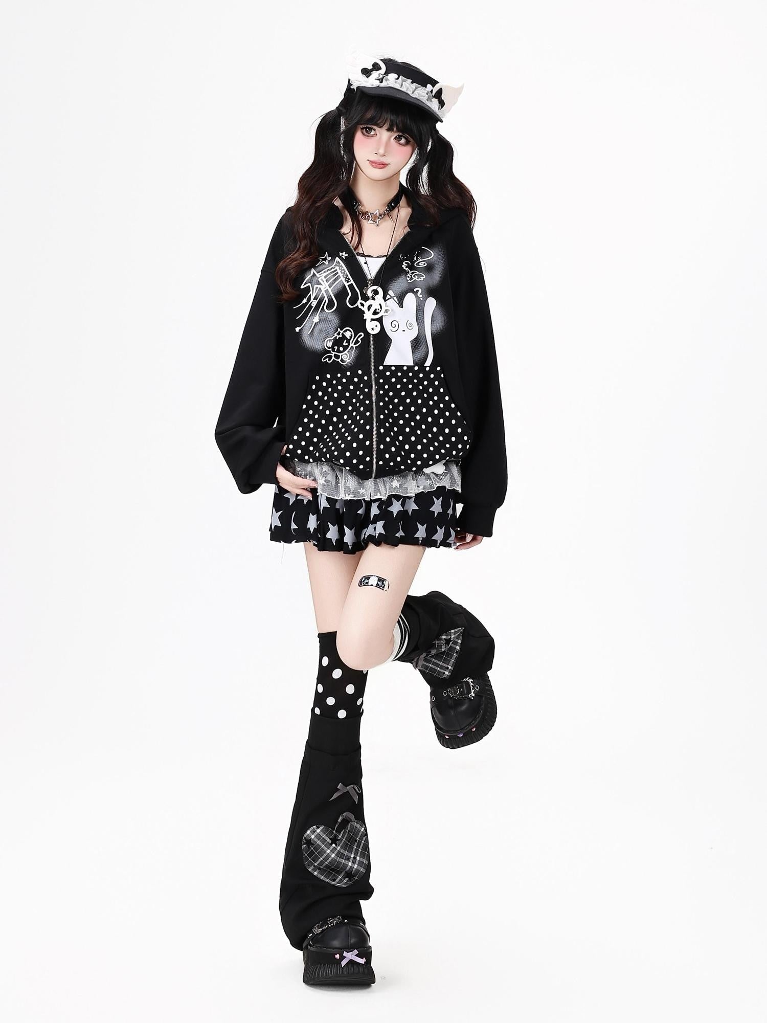Crazy Girl Black White Polka Dot Cat Ruffle Trim Pocket Hooded Women&