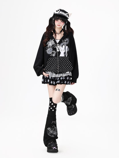Crazy Girl Black White Polka Dot Cat Ruffle Trim Pocket Hooded Women&