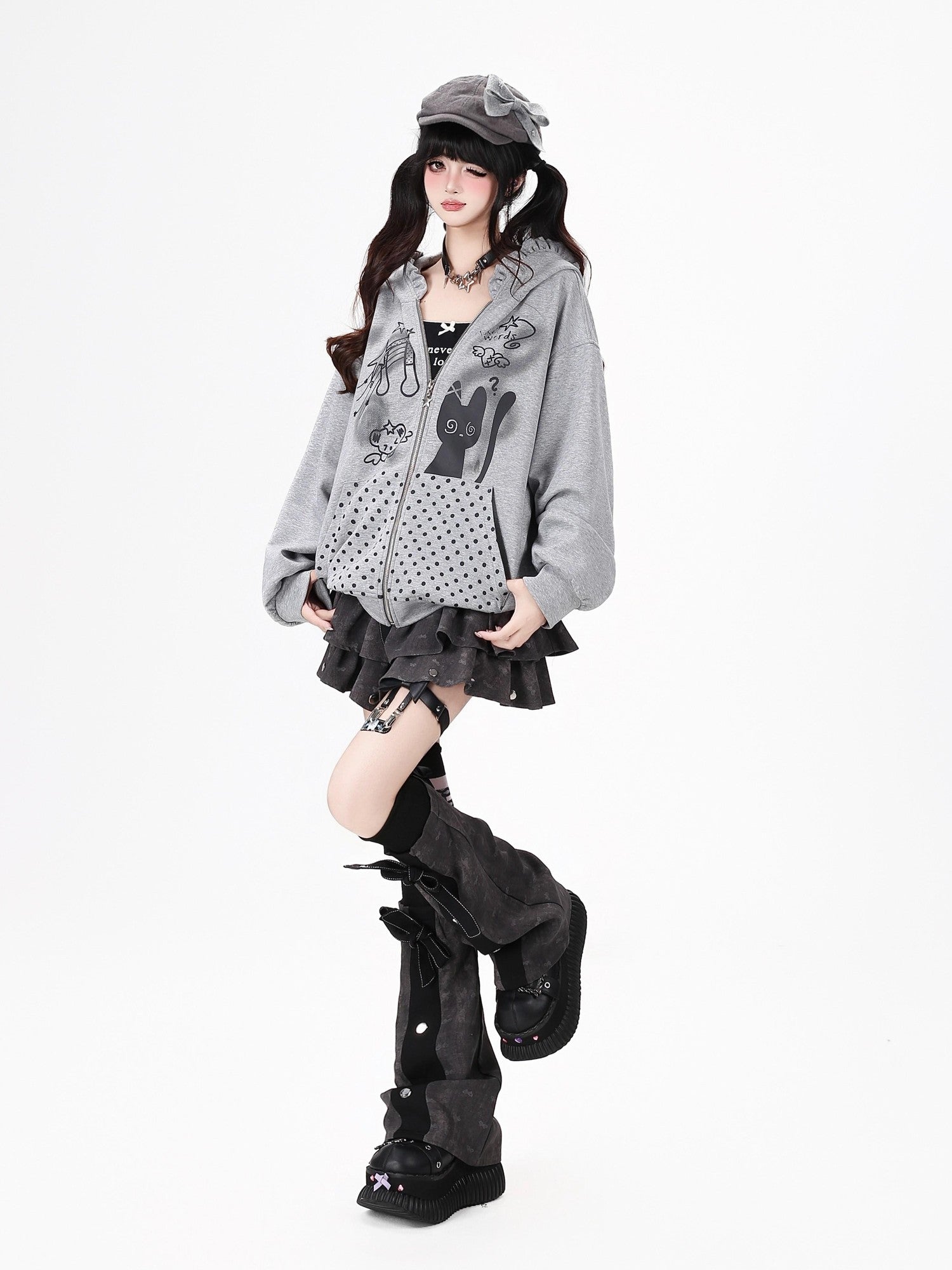 Crazy Girl Black White Polka Dot Cat Ruffle Trim Pocket Hooded Women&