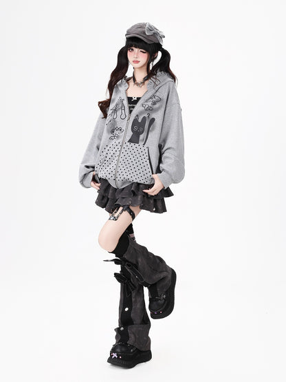 Crazy Girl Black White Polka Dot Cat Ruffle Trim Pocket Hooded Women&