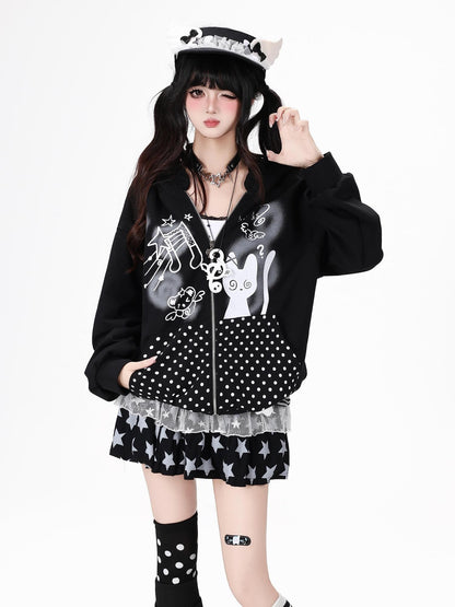 Crazy Girl Black White Polka Dot Cat Ruffle Trim Pocket Hooded Women&