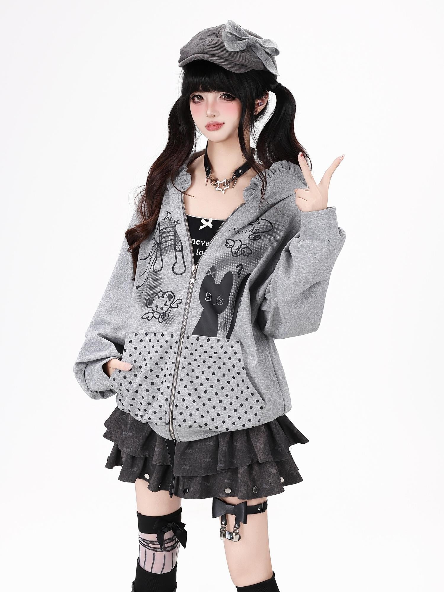 Crazy Girl Black White Polka Dot Cat Ruffle Trim Pocket Hooded Women&