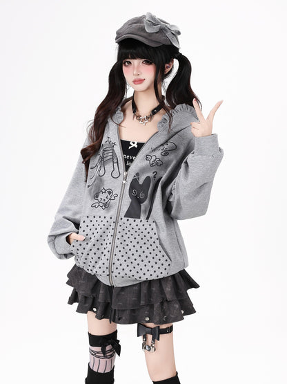 Crazy Girl Black White Polka Dot Cat Ruffle Trim Pocket Hooded Women&