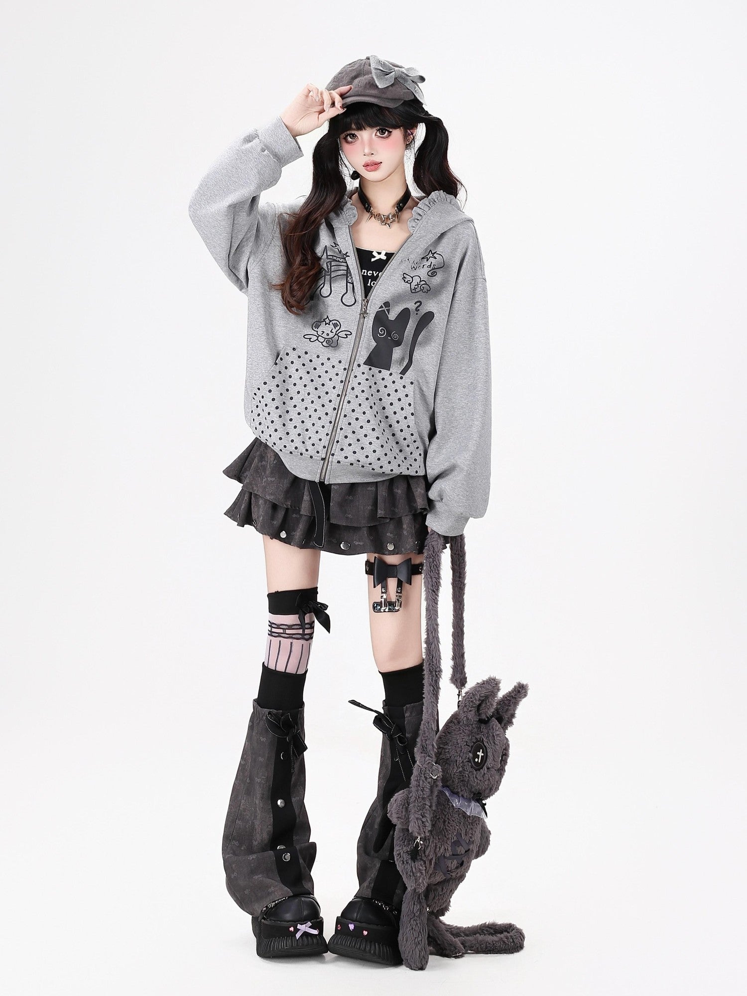 Crazy Girl Black White Polka Dot Cat Ruffle Trim Pocket Hooded Women&