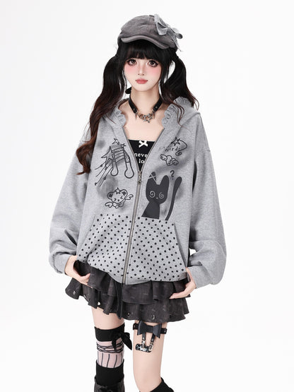 Crazy Girl Black White Polka Dot Cat Ruffle Trim Pocket Hooded Women&