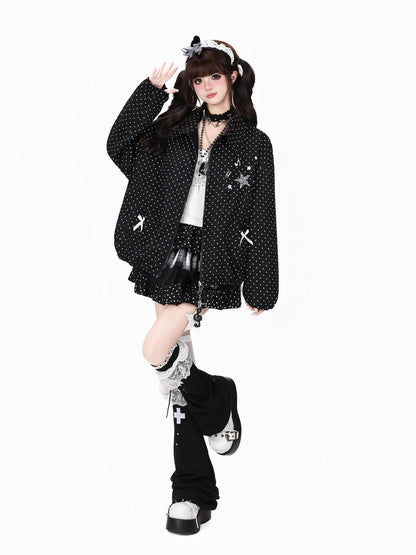 Crazy Girl Black White Polka Dot Reversible Lapel Zipper Loose Fit Women&