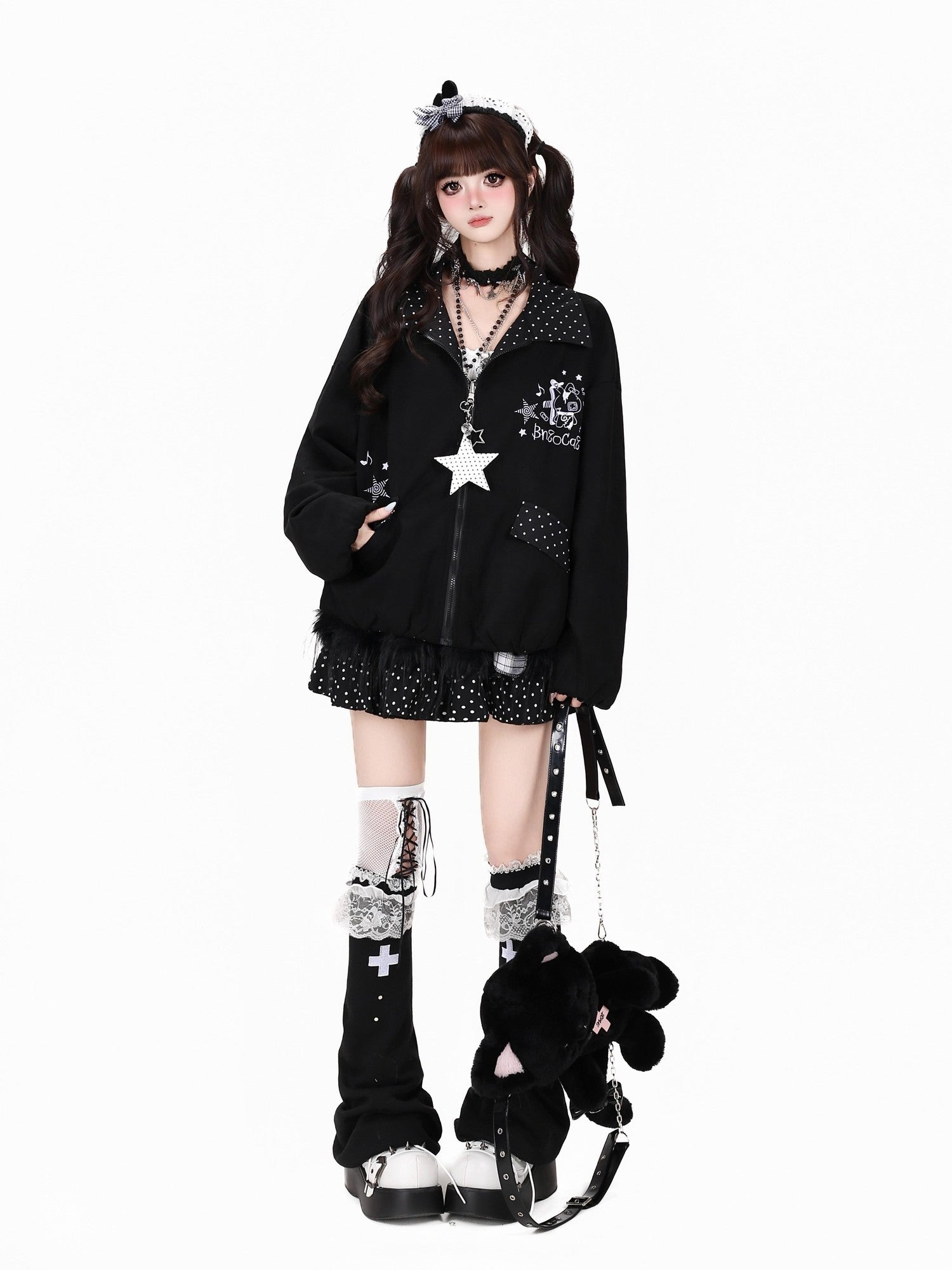 Crazy Girl Black White Polka Dot Reversible Lapel Zipper Loose Fit Women&