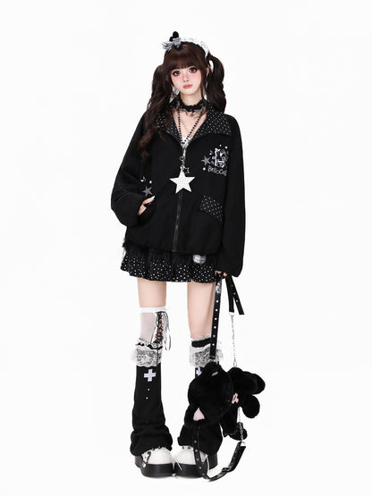 Crazy Girl Black White Polka Dot Reversible Lapel Zipper Loose Fit Women&
