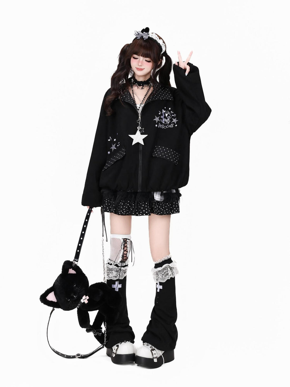 Crazy Girl Black White Polka Dot Reversible Lapel Zipper Loose Fit Women&