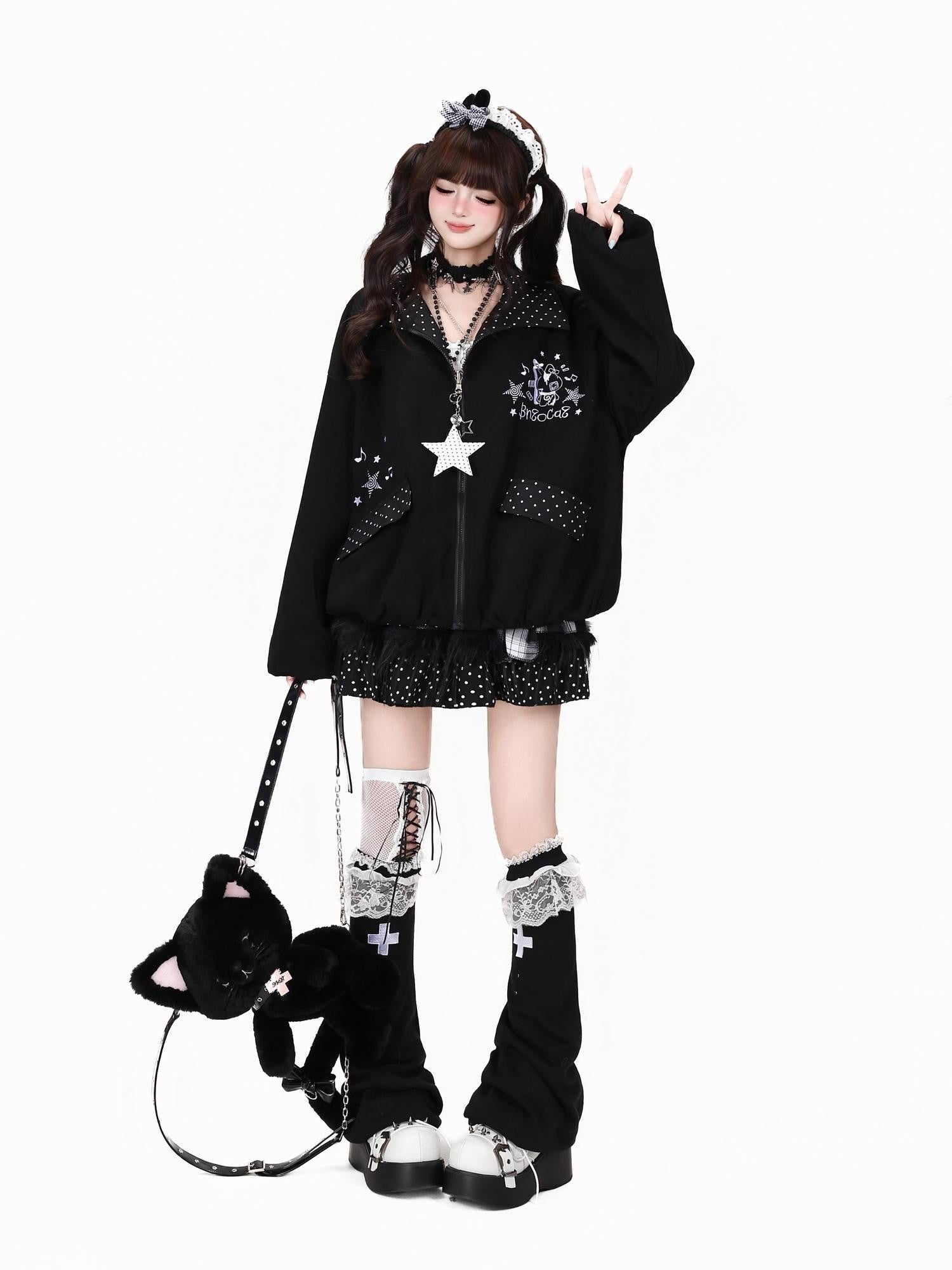 Crazy Girl Black White Polka Dot Reversible Lapel Zipper Loose Fit Women&