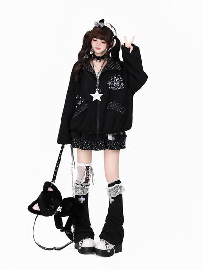 Crazy Girl Black White Polka Dot Reversible Lapel Zipper Loose Fit Women&