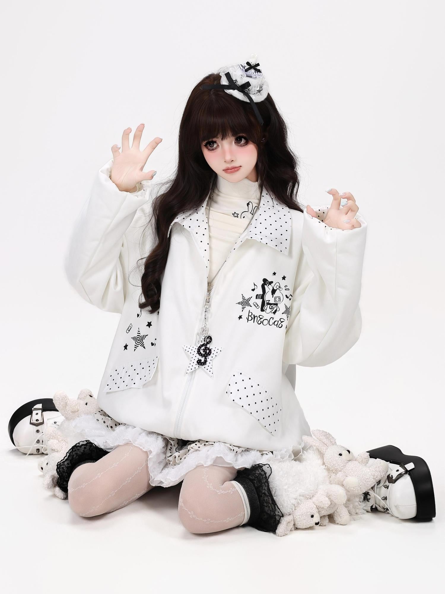Crazy Girl Black White Polka Dot Reversible Lapel Zipper Loose Fit Women&