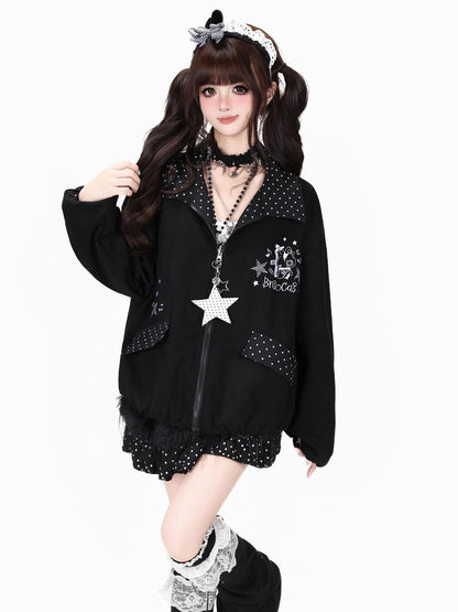 Crazy Girl Black White Polka Dot Reversible Lapel Zipper Loose Fit Women&