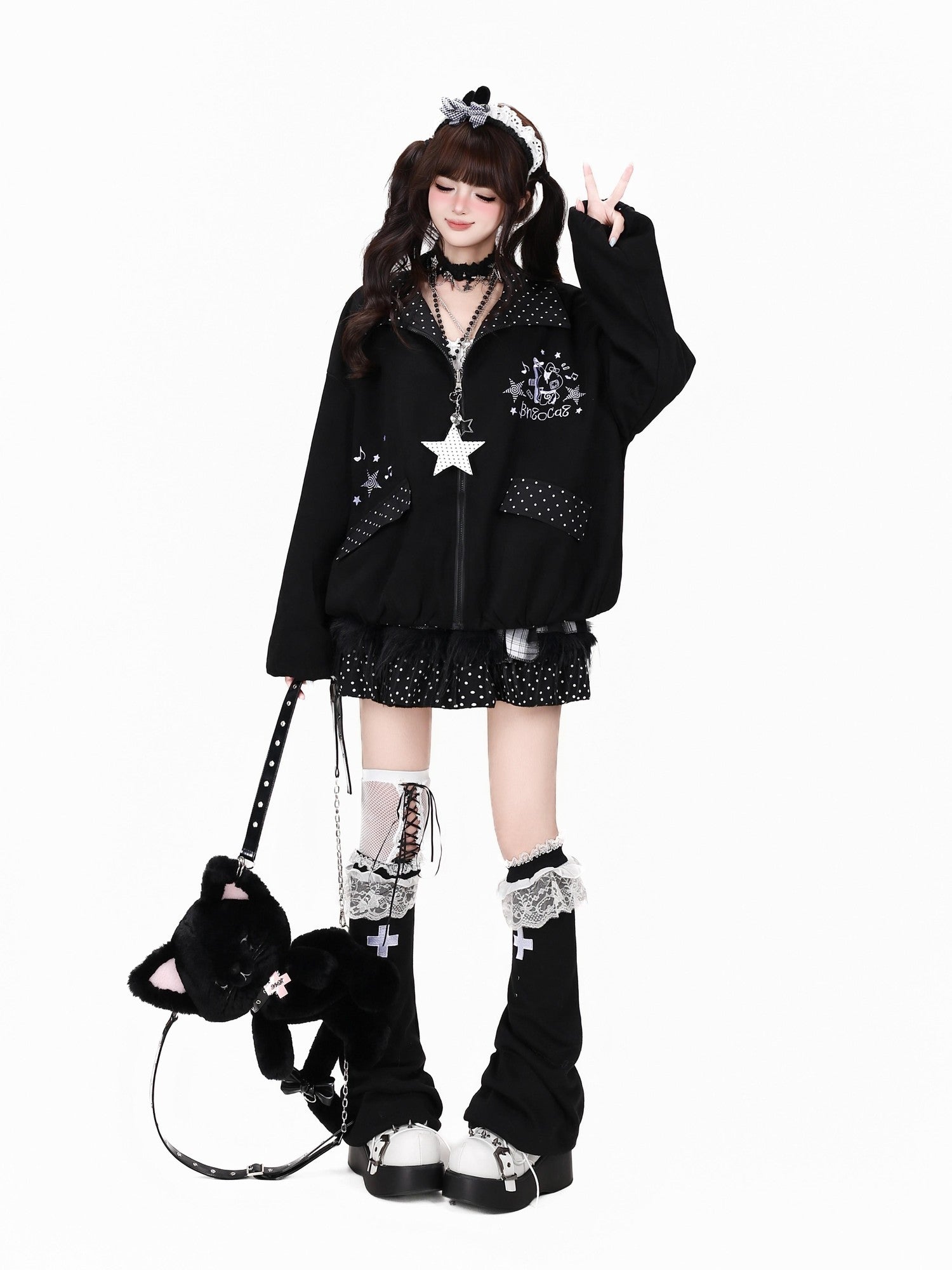 Crazy Girl Black White Polka Dot Reversible Lapel Zipper Loose Fit Women&