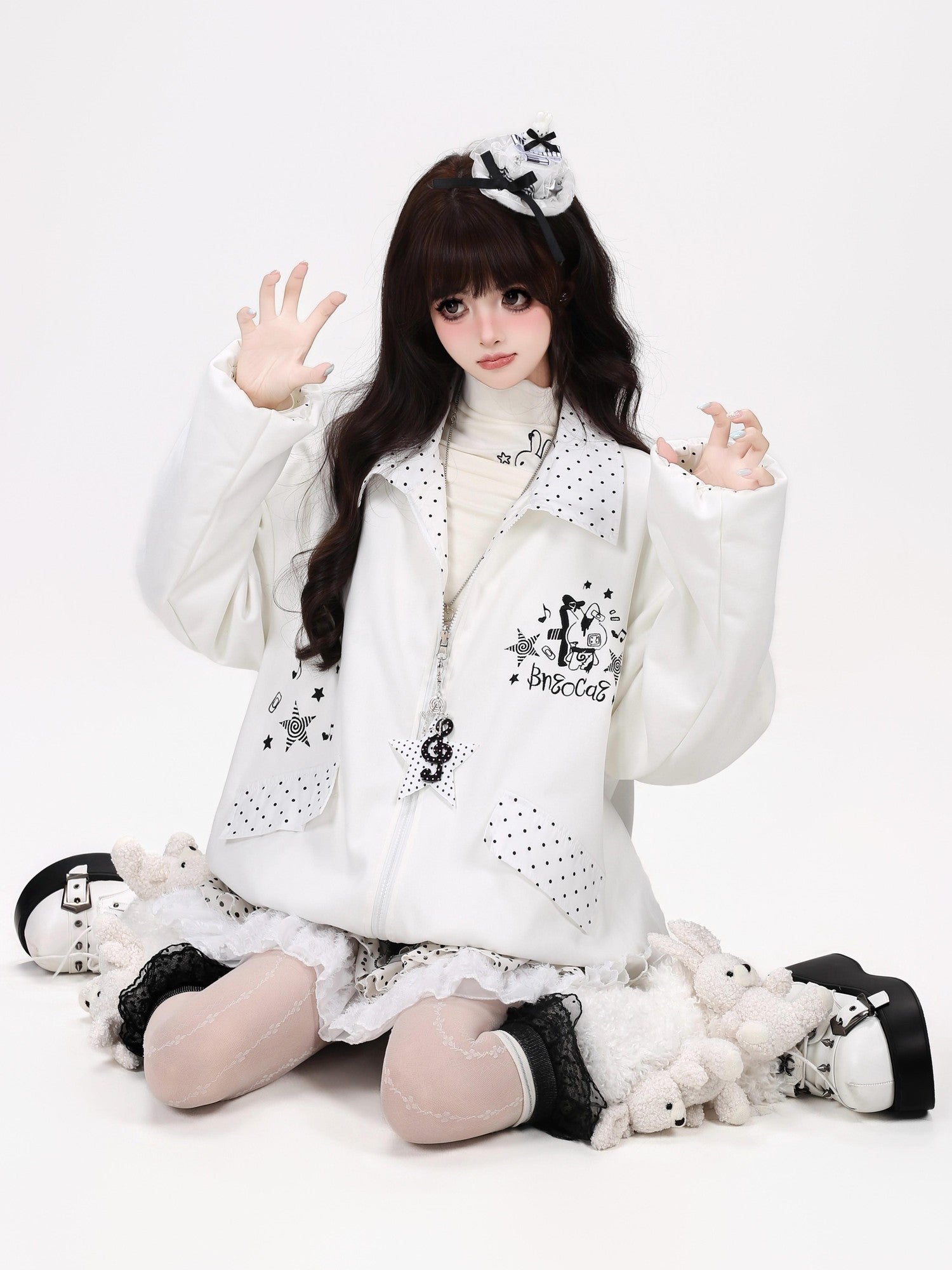 Crazy Girl Black White Polka Dot Reversible Lapel Zipper Loose Fit Women&