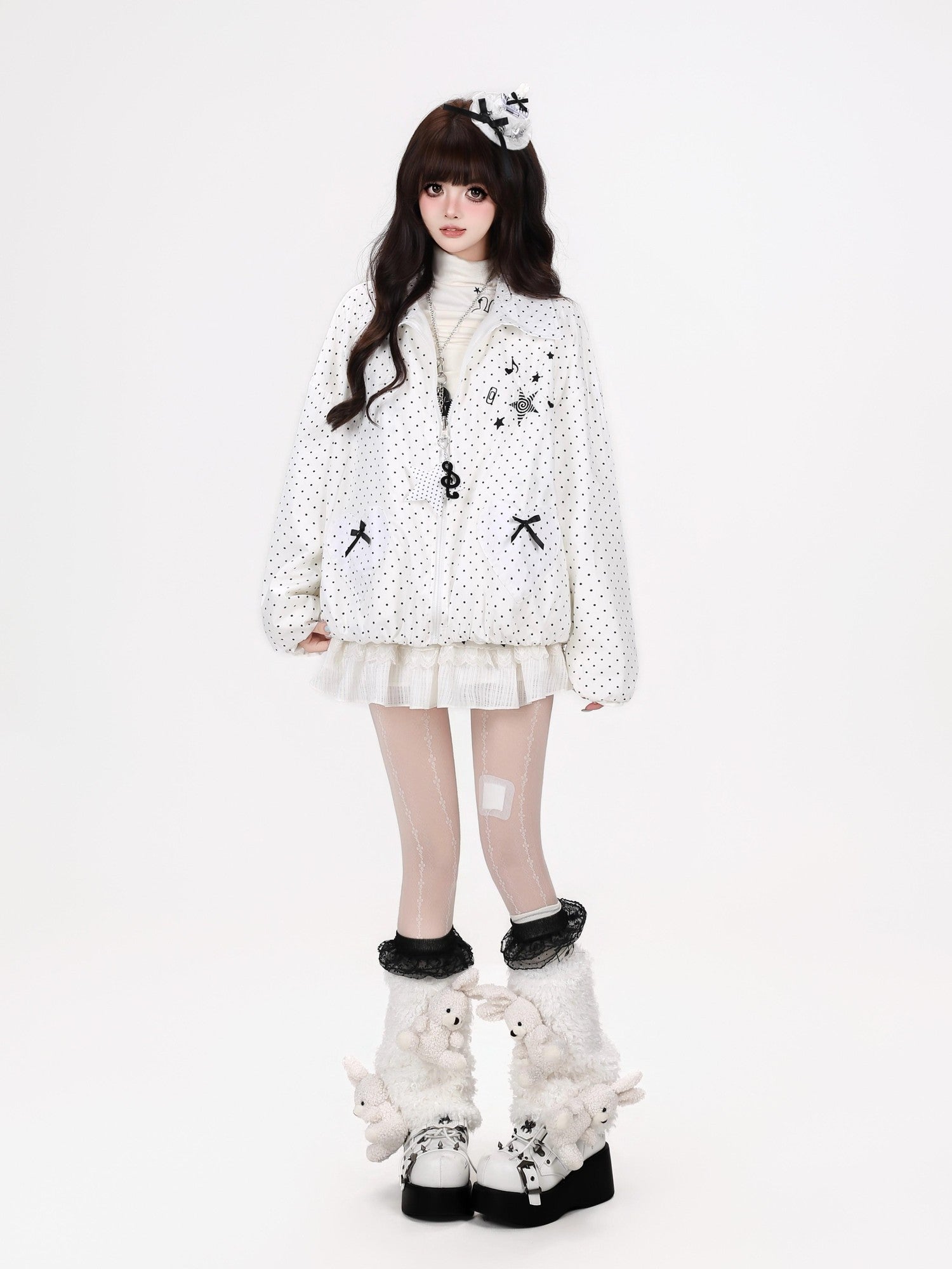 Crazy Girl Black White Polka Dot Reversible Lapel Zipper Loose Fit Women&
