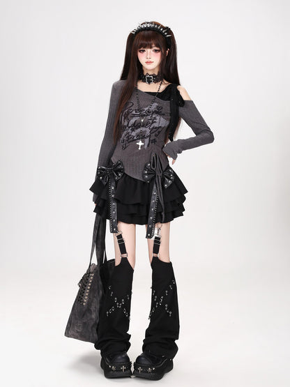 Crazy Girl Bow Heavy Embellished Punk High Waist Women&
