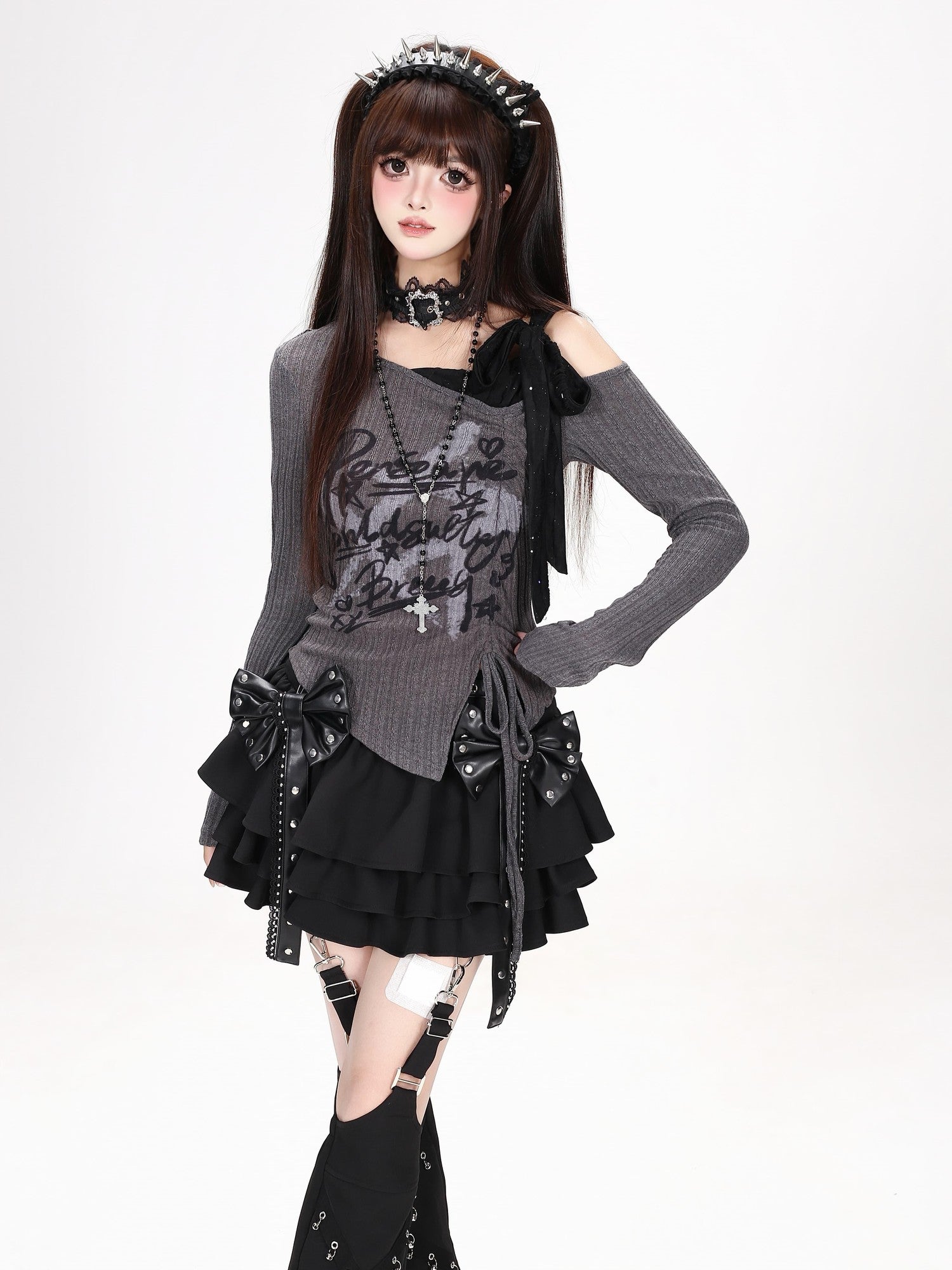Crazy Girl Bow Heavy Embellished Punk High Waist Women&