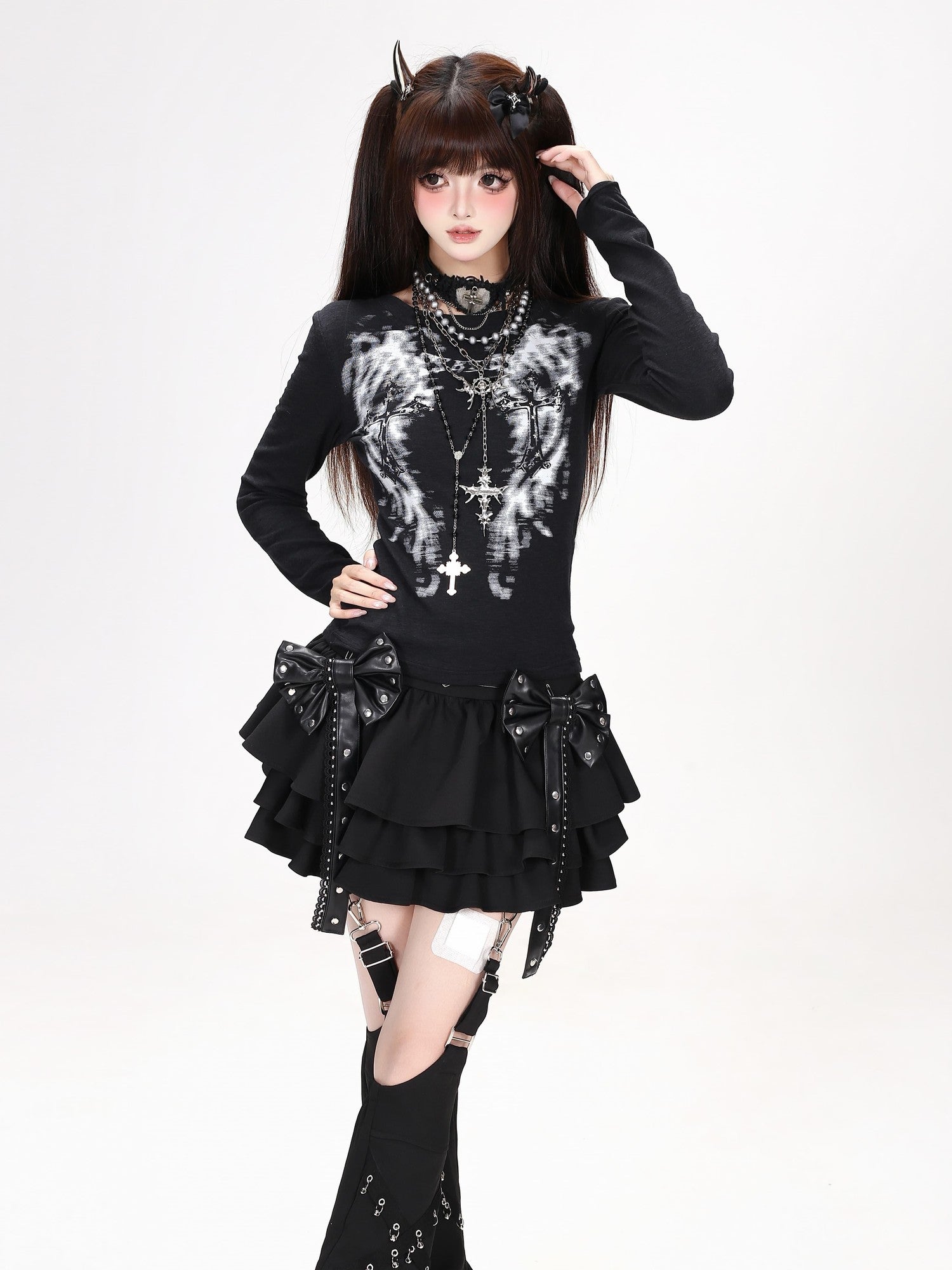 Crazy Girl Bow Heavy Embellished Punk High Waist Women&
