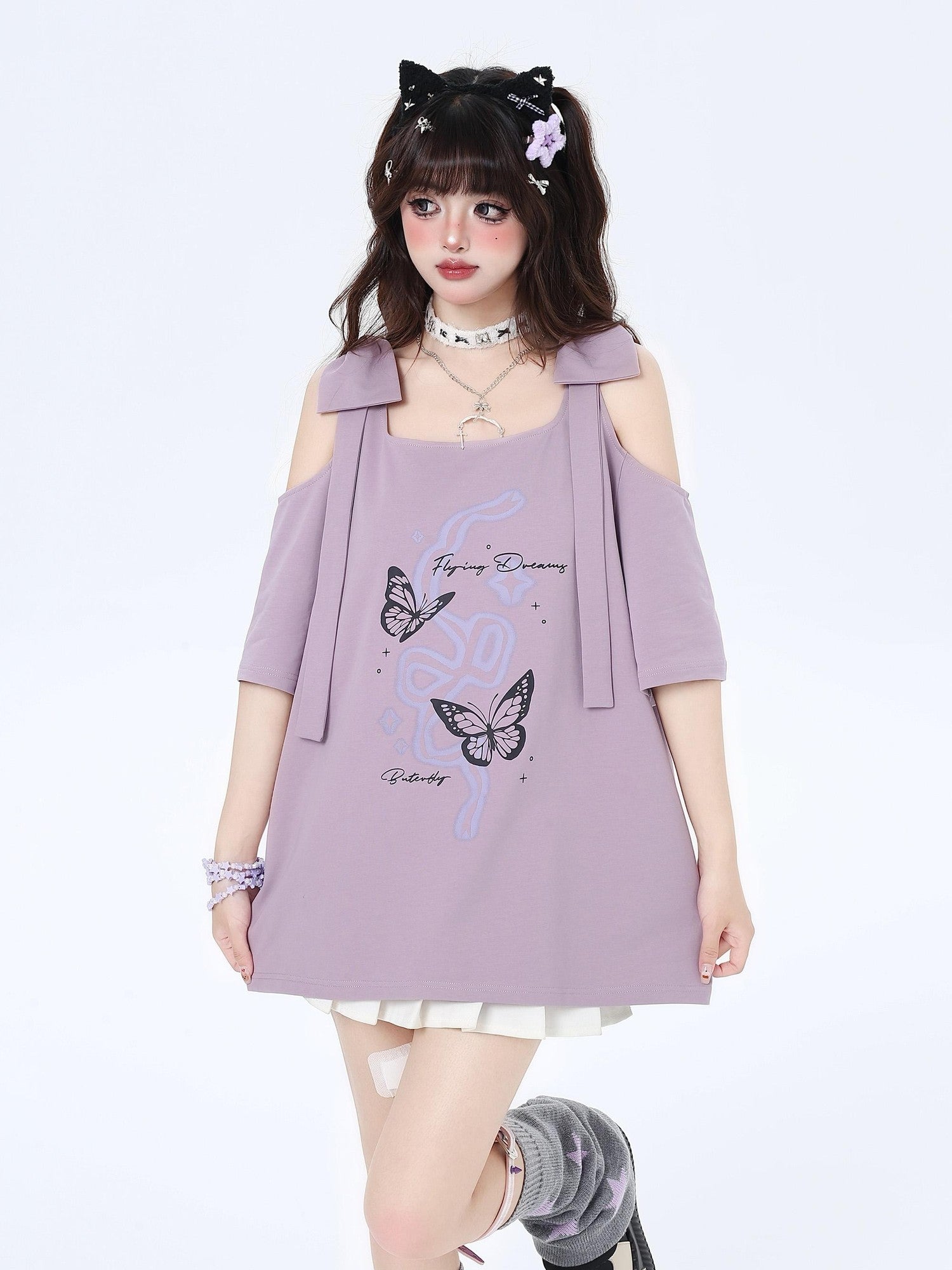 Crazy Girl Bow Knot Loose Fit Short Sleeve Women&