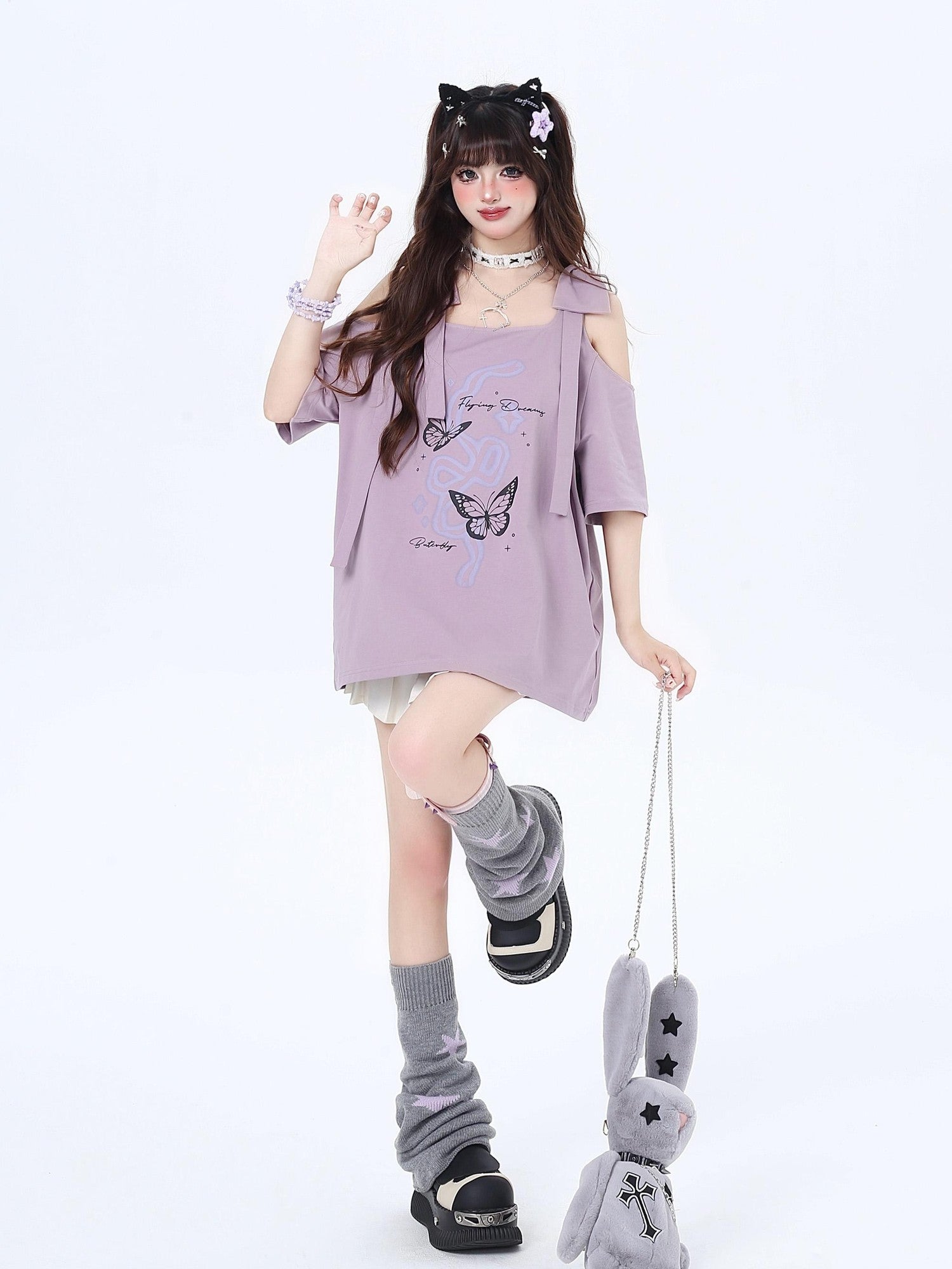 Crazy Girl Bow Knot Loose Fit Short Sleeve Women&