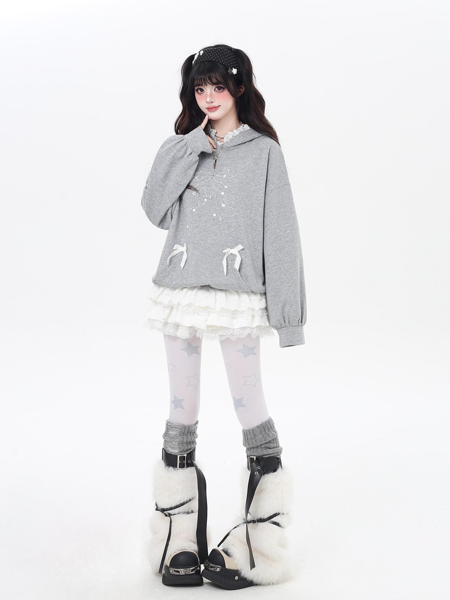 Crazy Girl Bow Rhinestone Lace Cartoon Print Loose Hooded Women&