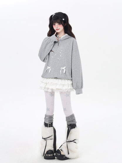 Crazy Girl Bow Rhinestone Lace Cartoon Print Loose Hooded Women&