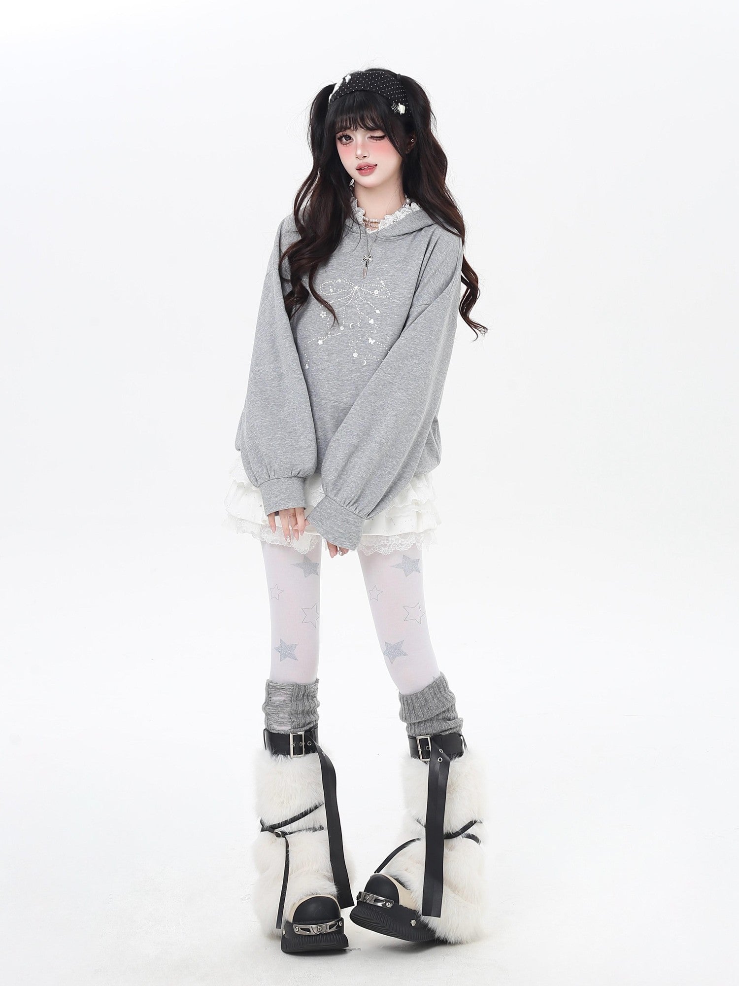 Crazy Girl Bow Rhinestone Lace Cartoon Print Loose Hooded Women&