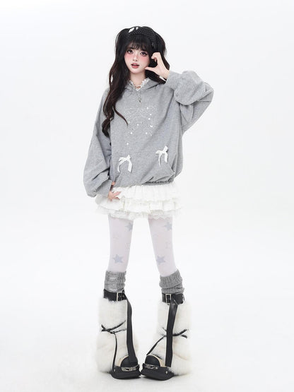 Crazy Girl Bow Rhinestone Lace Cartoon Print Loose Hooded Women&