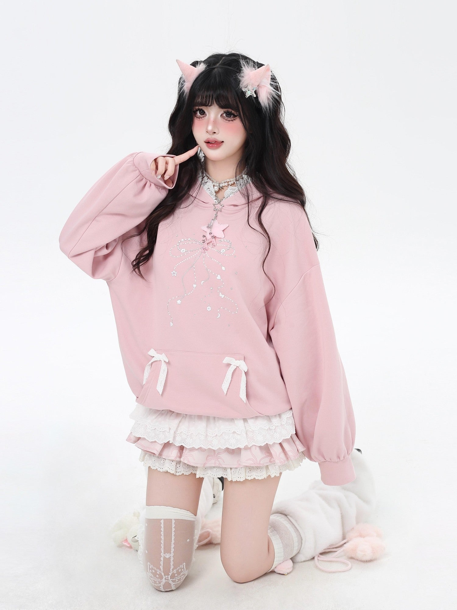 Crazy Girl Bow Rhinestone Lace Cartoon Print Loose Hooded Women&