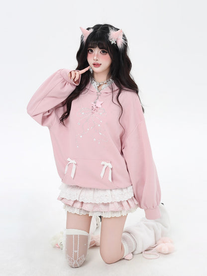 Crazy Girl Bow Rhinestone Lace Cartoon Print Loose Hooded Women&