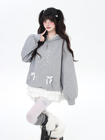 Crazy Girl Bow Rhinestone Lace Cartoon Print Loose Hooded Women&