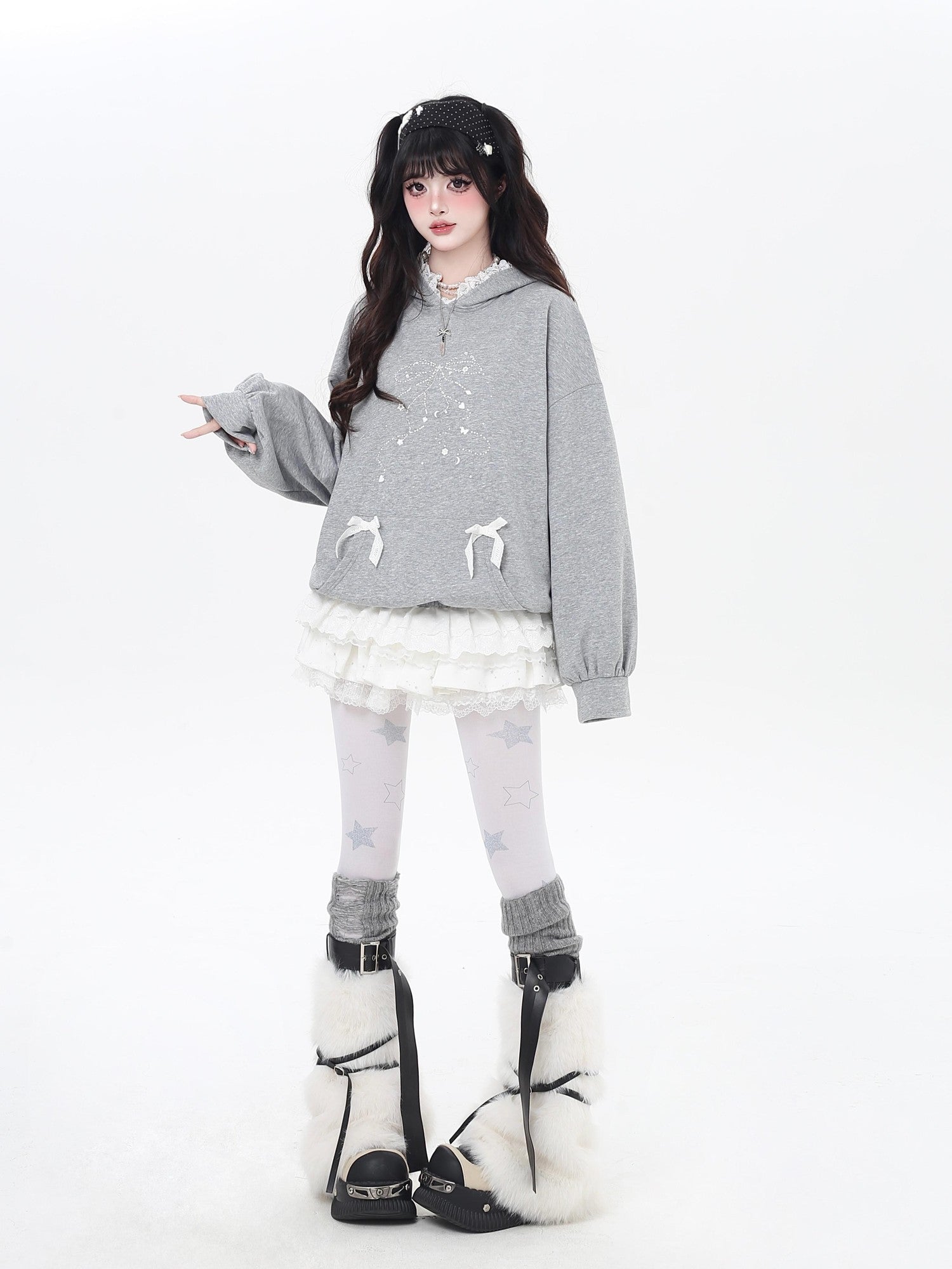 Crazy Girl Bow Rhinestone Lace Cartoon Print Loose Hooded Women&