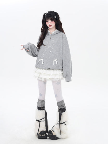 Crazy Girl Bow Rhinestone Lace Cartoon Print Loose Hooded Women&