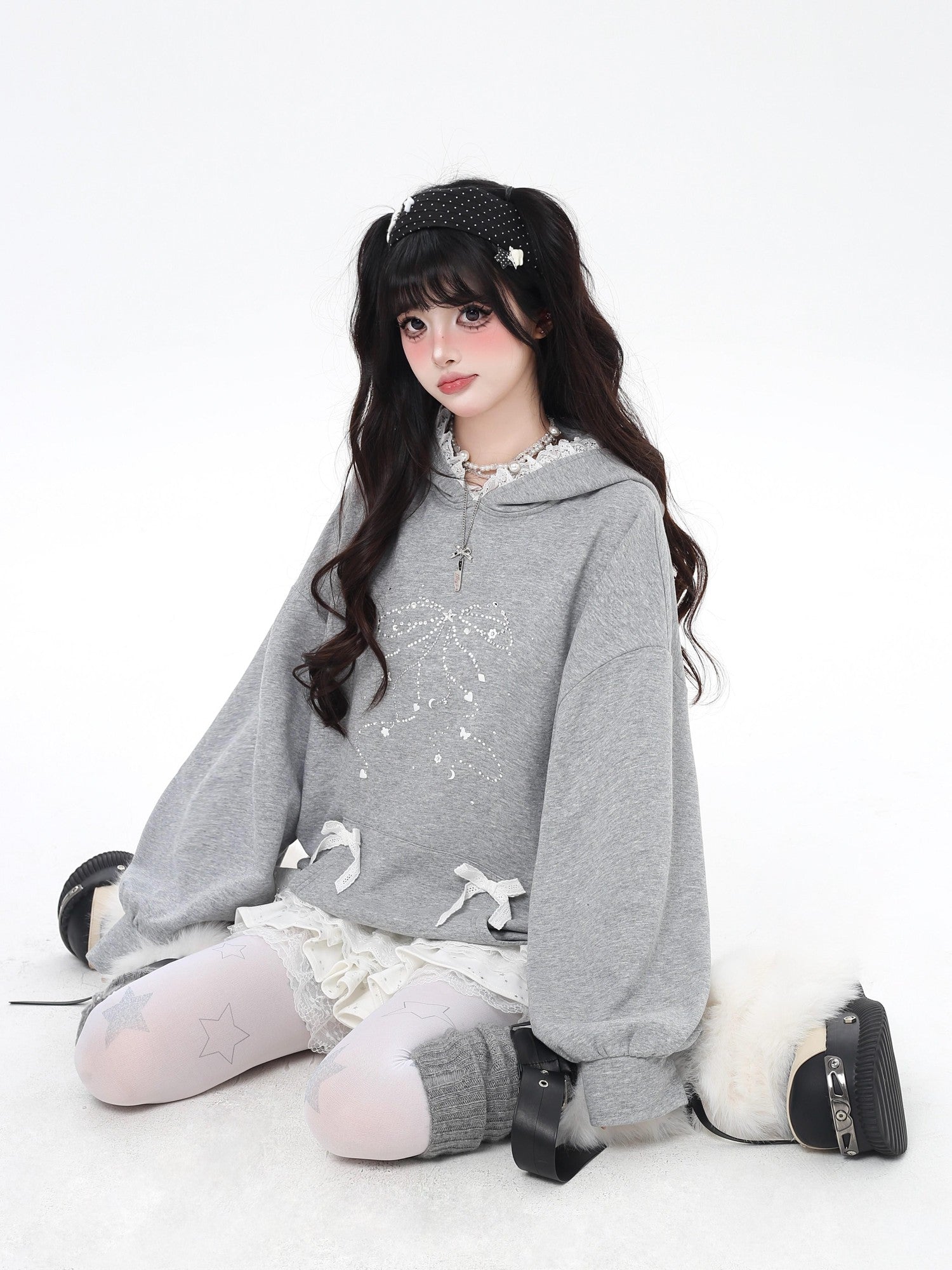 Crazy Girl Bow Rhinestone Lace Cartoon Print Loose Hooded Women&