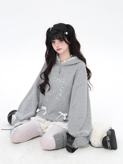 Crazy Girl Bow Rhinestone Lace Cartoon Print Loose Hooded Women&
