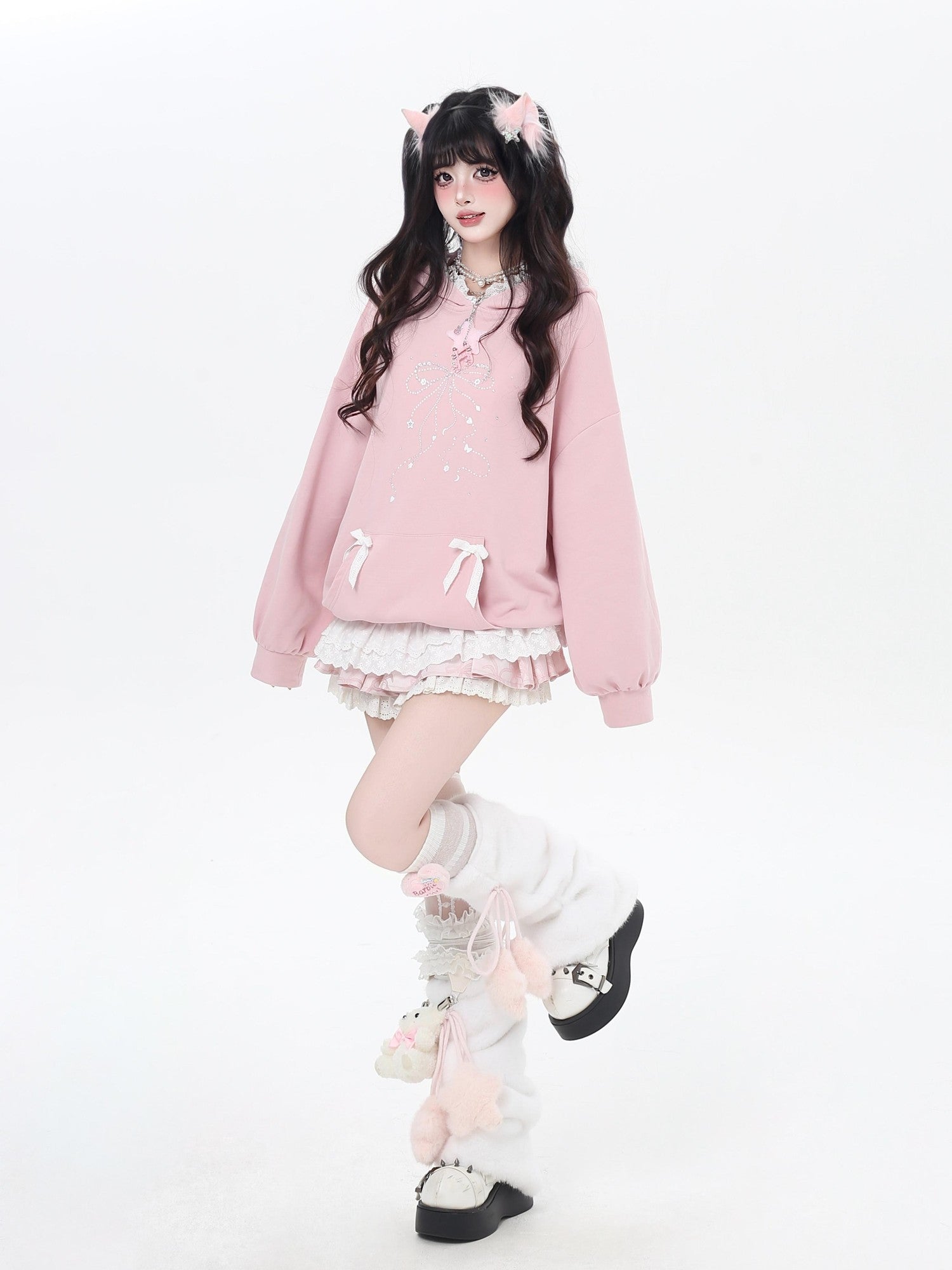 Crazy Girl Bow Rhinestone Lace Cartoon Print Loose Hooded Women&